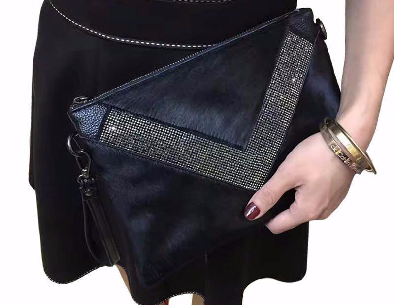 Black Leather Diamond Clutch Bag