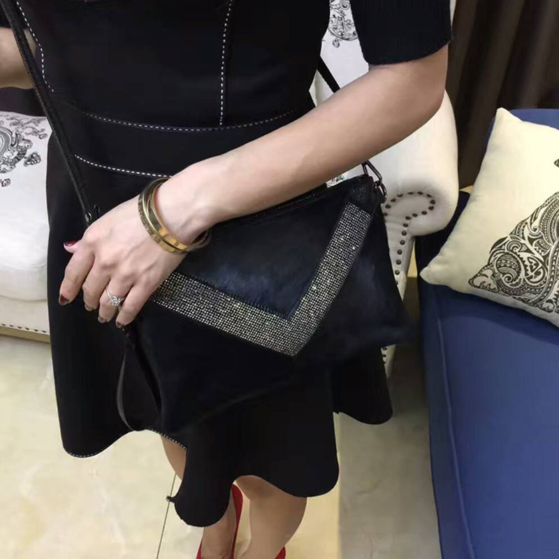 Black Leather Diamond Clutch Bag