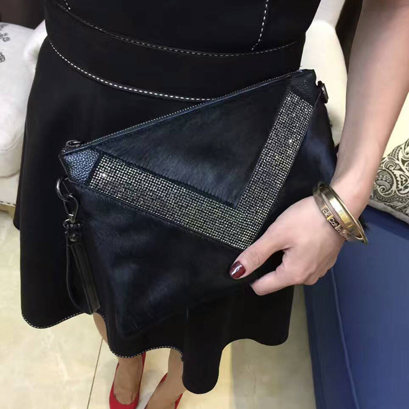 Black Leather Diamond Clutch Bag