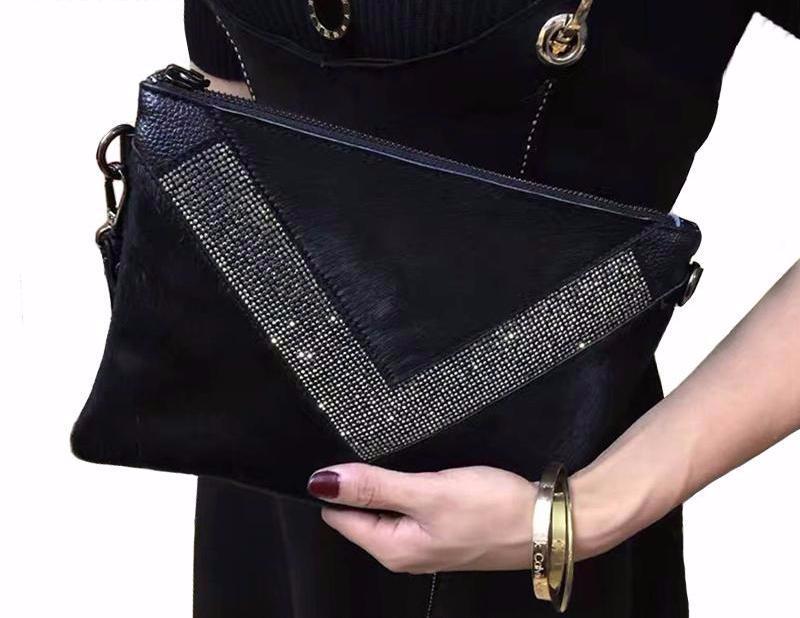 Black Leather Diamond Clutch Bag