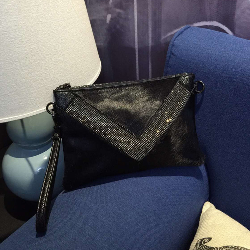 Black Leather Diamond Clutch Bag