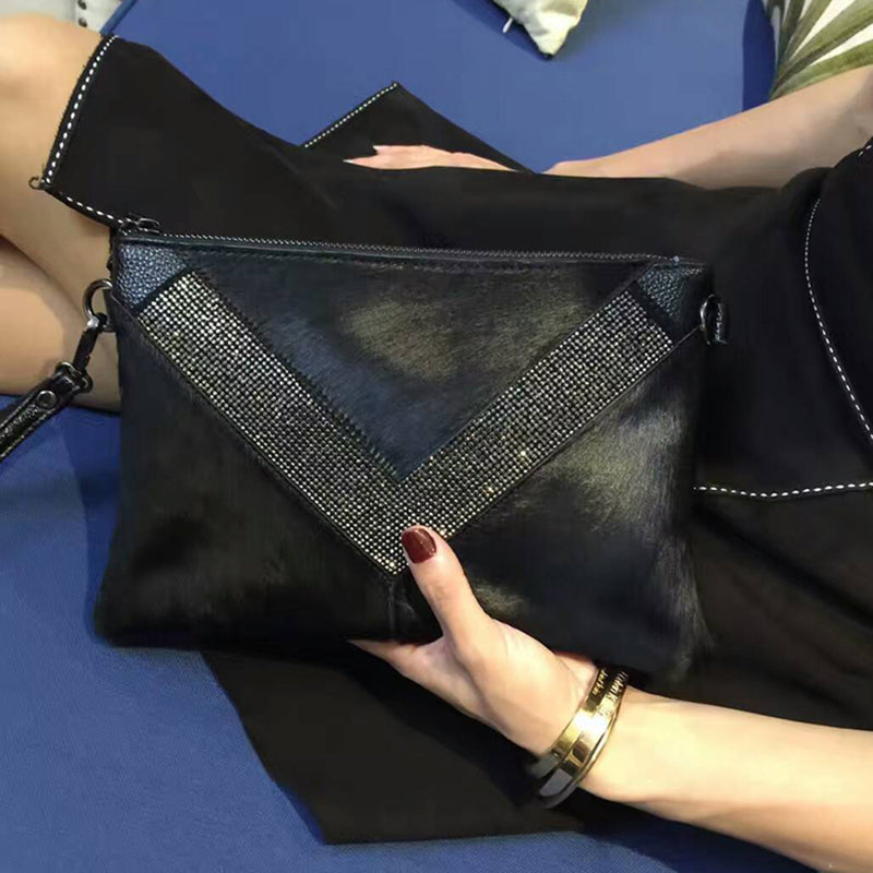 Black Leather Diamond Clutch Bag