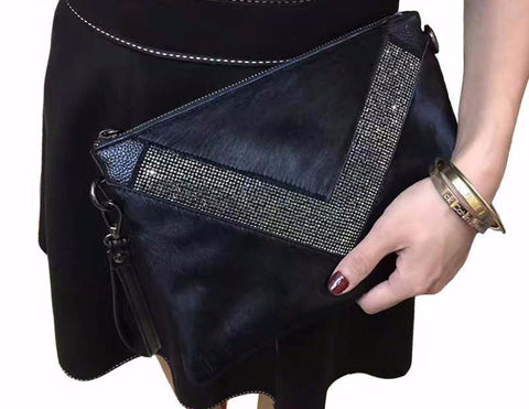 Black Leather Diamond Clutch Bag
