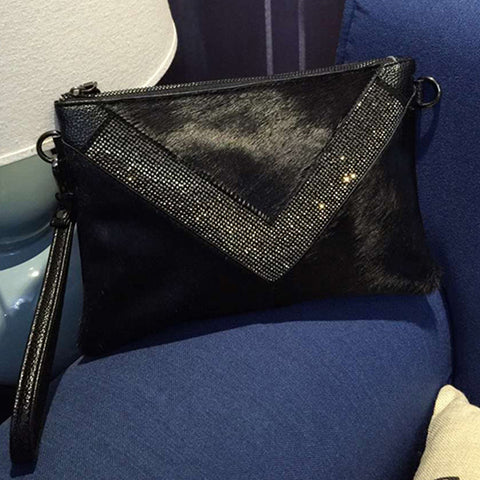 Black Leather Diamond Clutch Bag